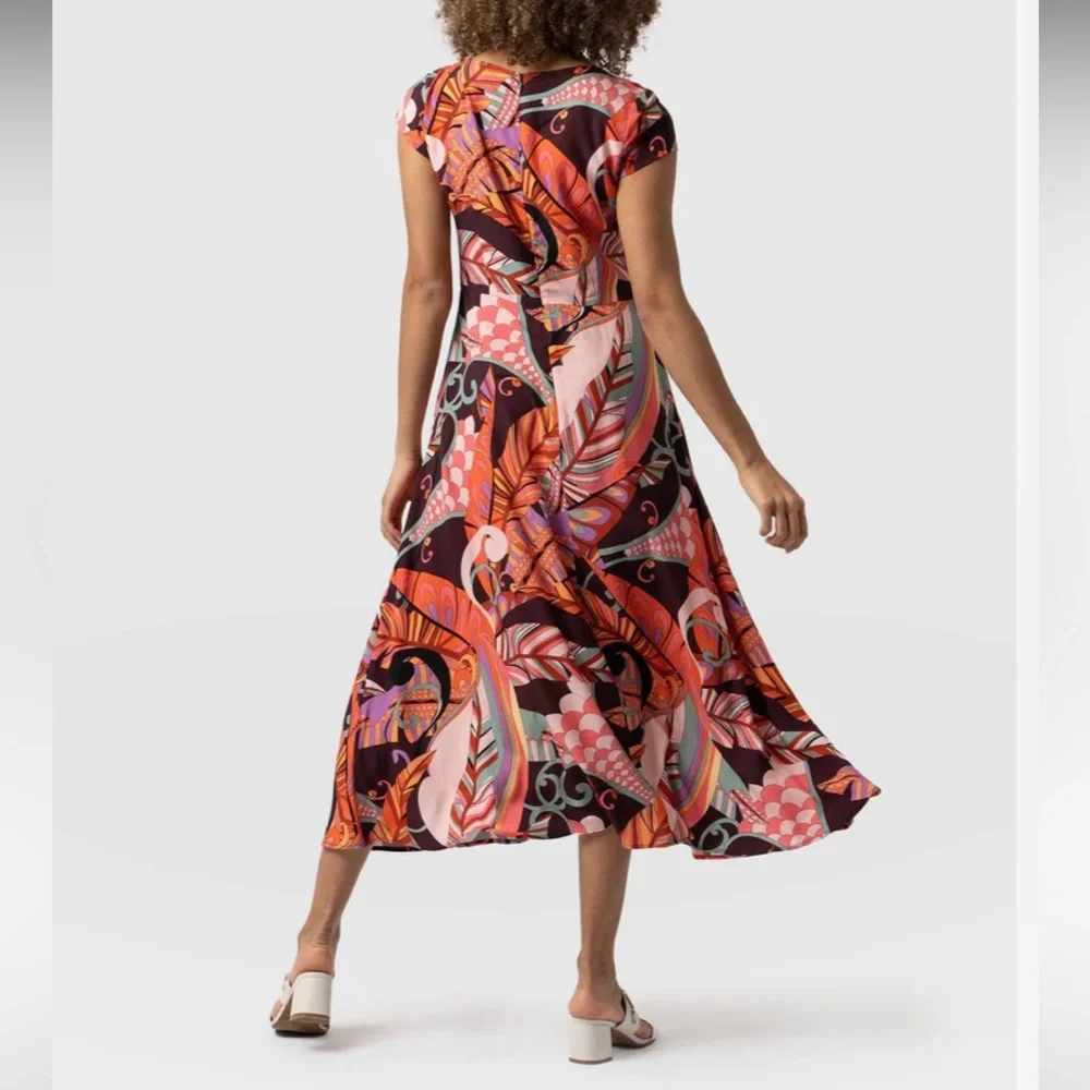 Saint + Sofia Jocelyn Cap Sleeve V-Neck Midi Dress Paisley Retro Red Palm Size 4 - Picture 2 of 16